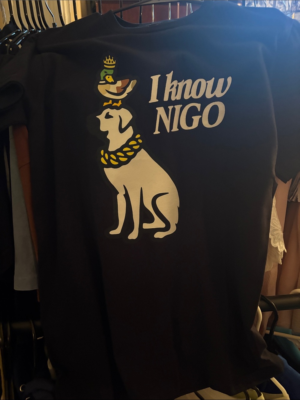Black 'I Know NIGO' Graphic Tee with Dog & Duck Motif
